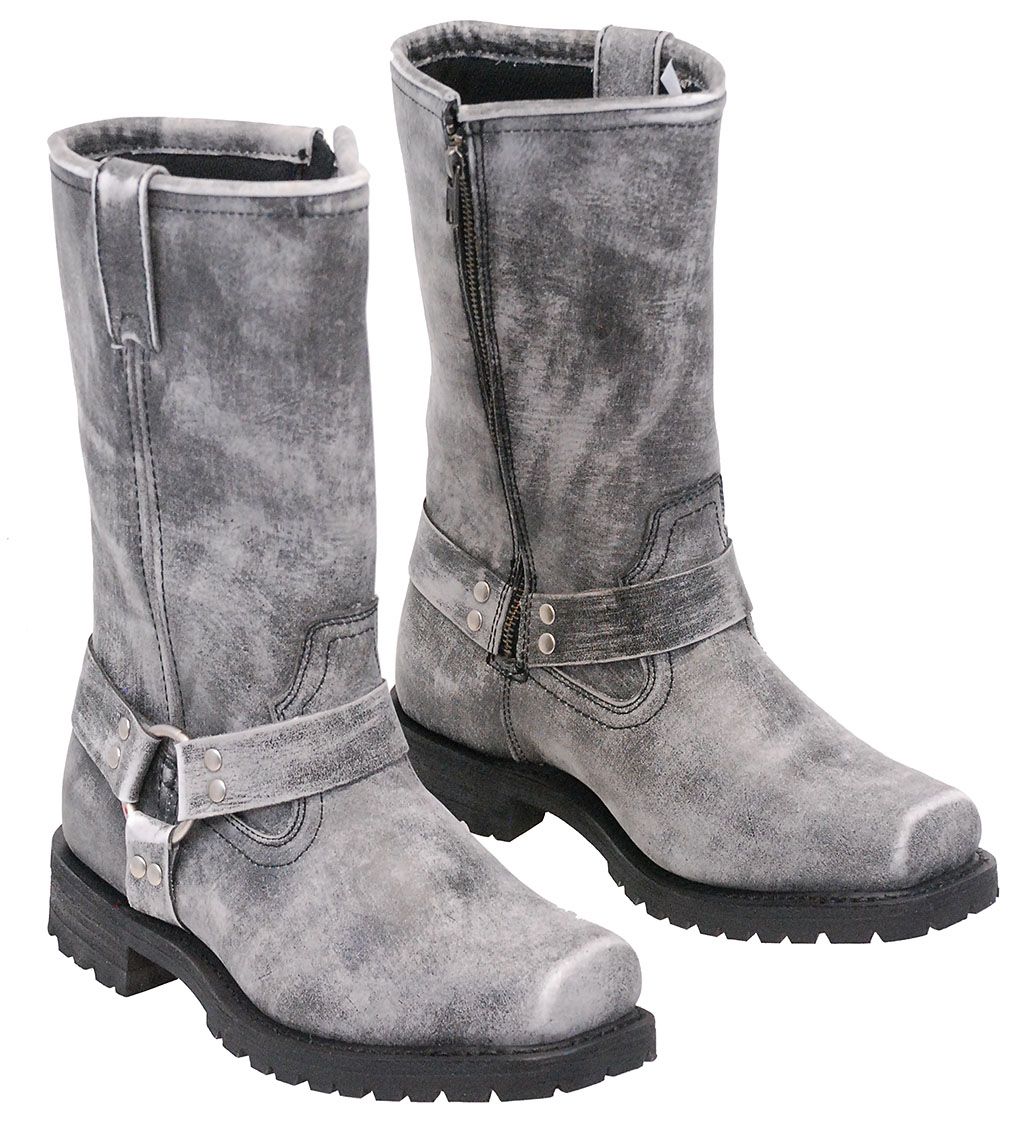 vintage gray leather boots for riding with o ring