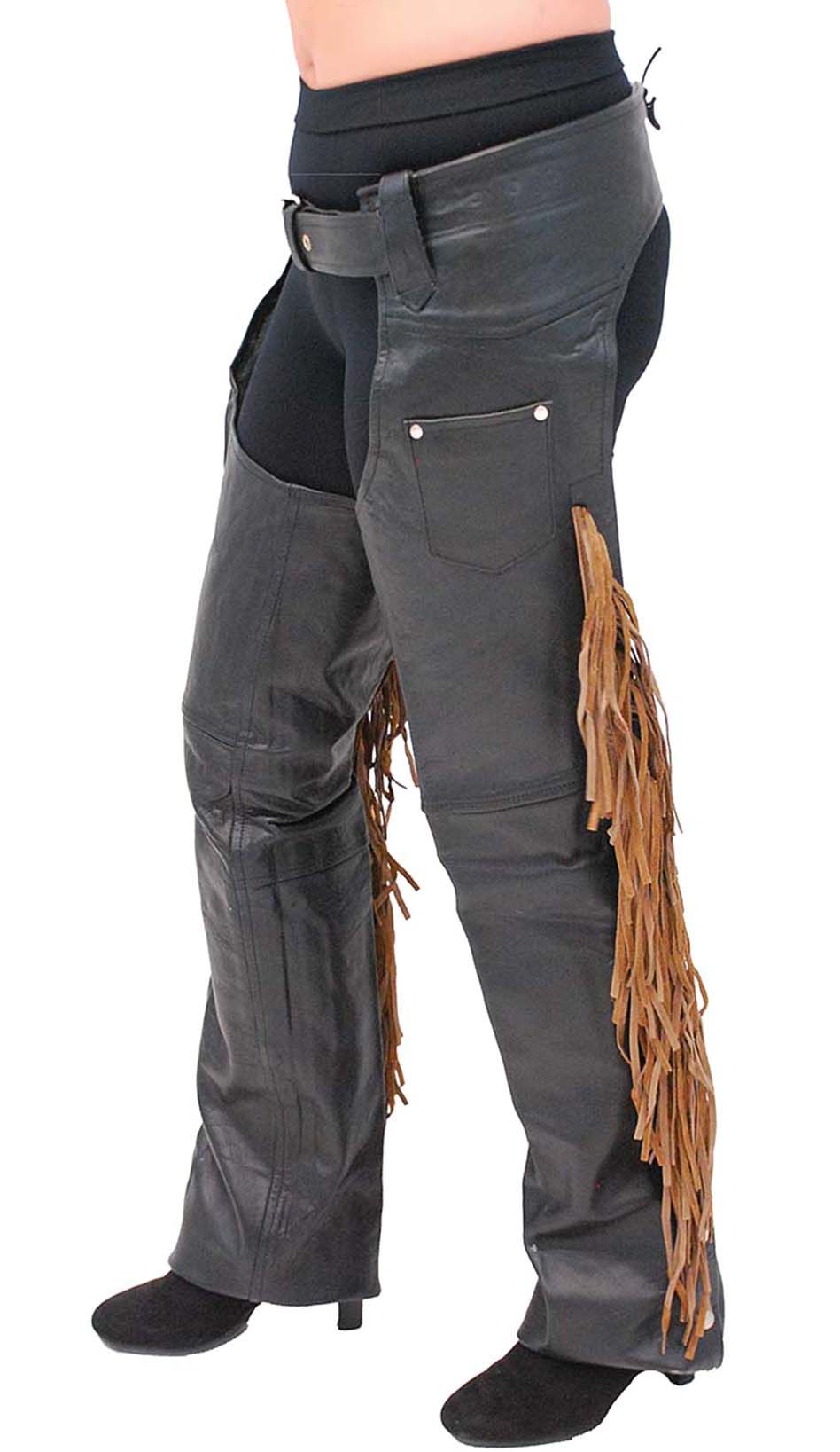 model wearing fringed leather chaps on sale