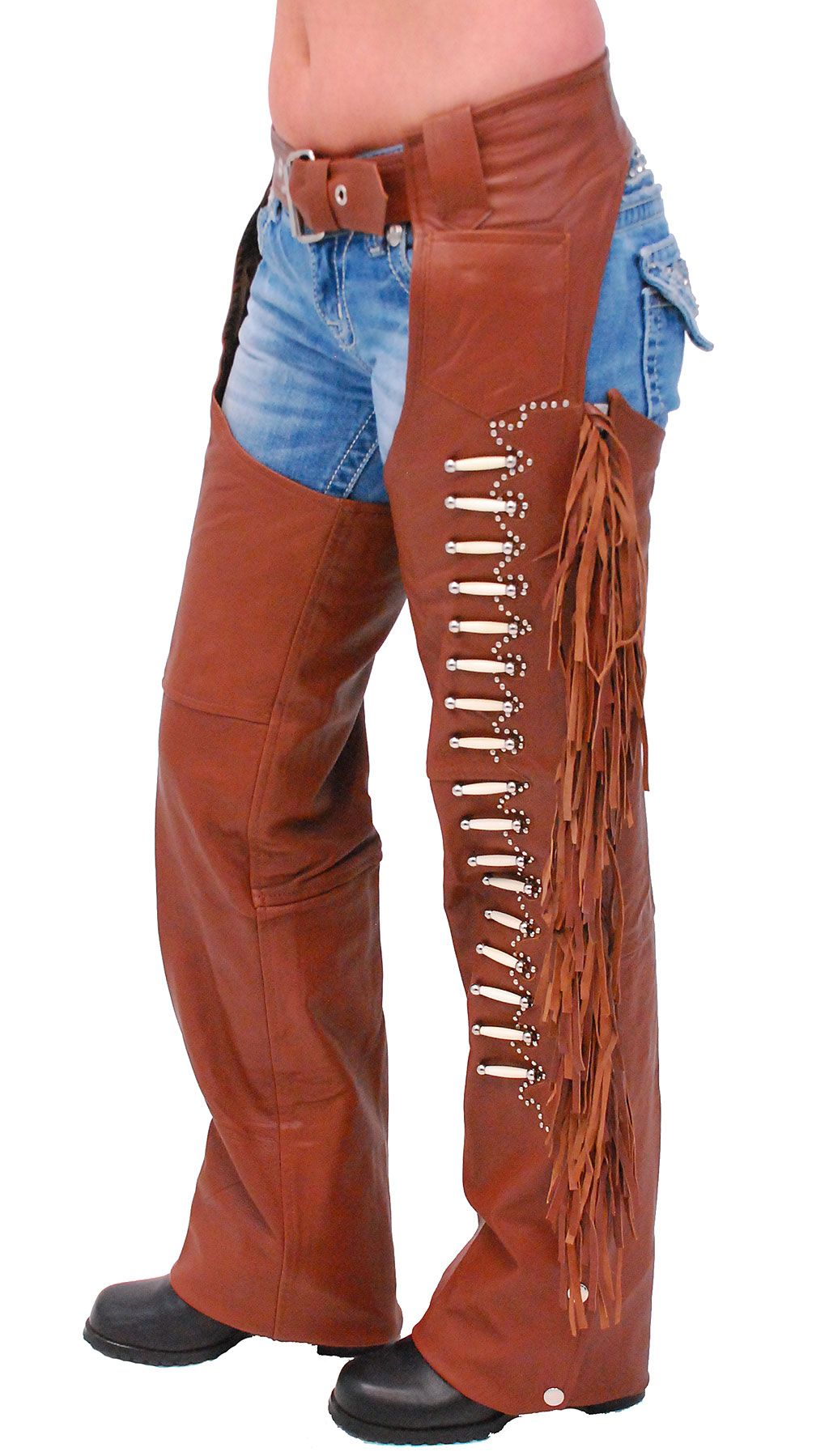 Western chaps in brown (terracotta brown) with genuine bone beading, rivet studding accents, 6" fringe, YKK zippers, snap down leg cuffs, a small hip pocket and a soft nylon lining.