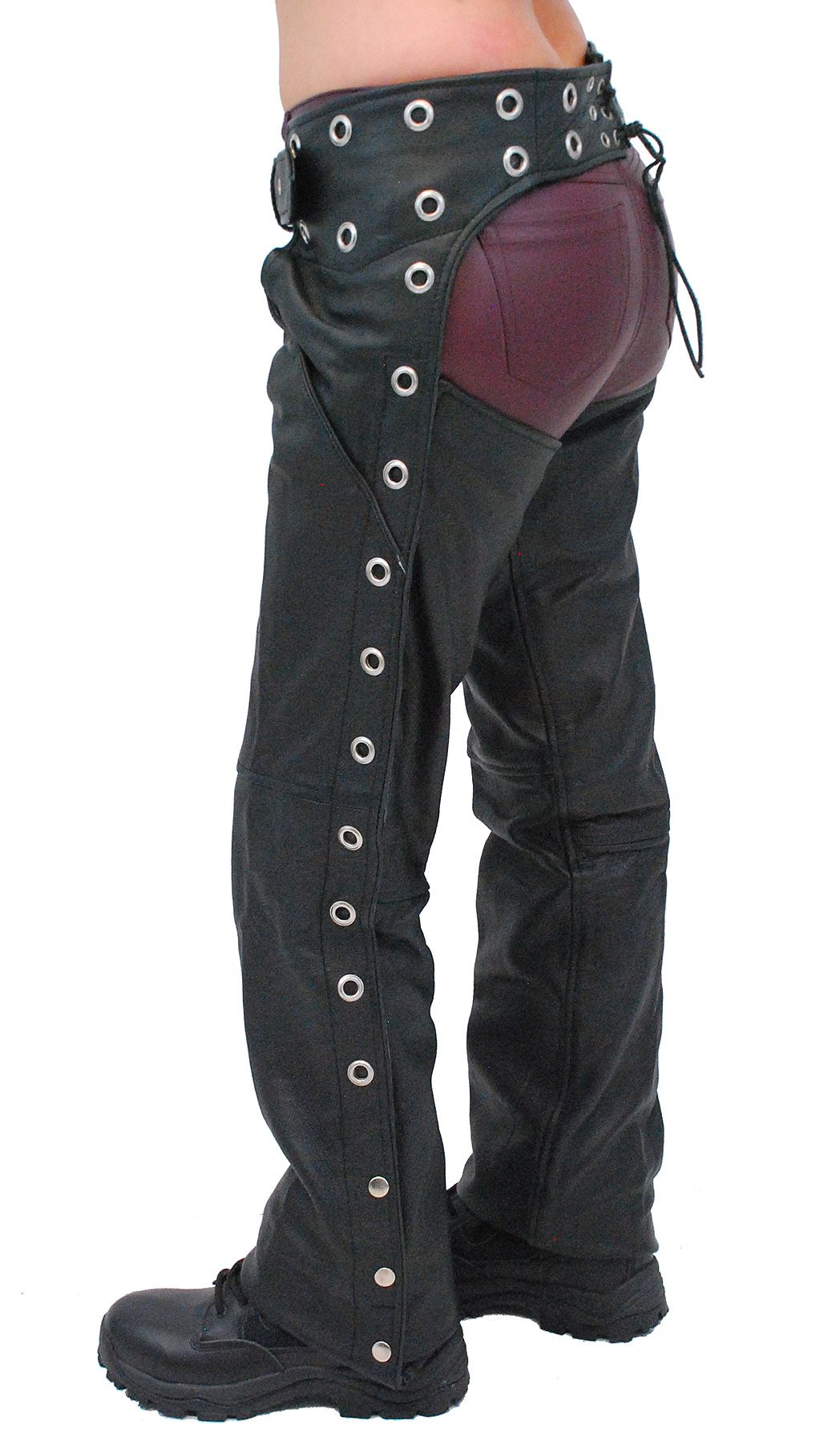 lady biker wearing cheap chaps with grommets in them