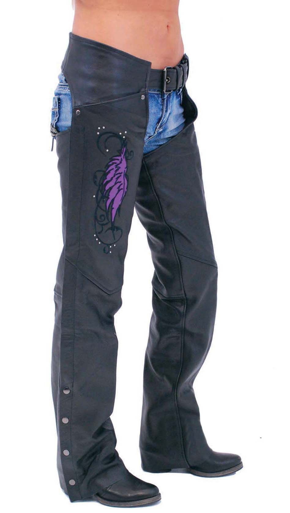 lady biker wearing black leather chaps with purple wings on the leg