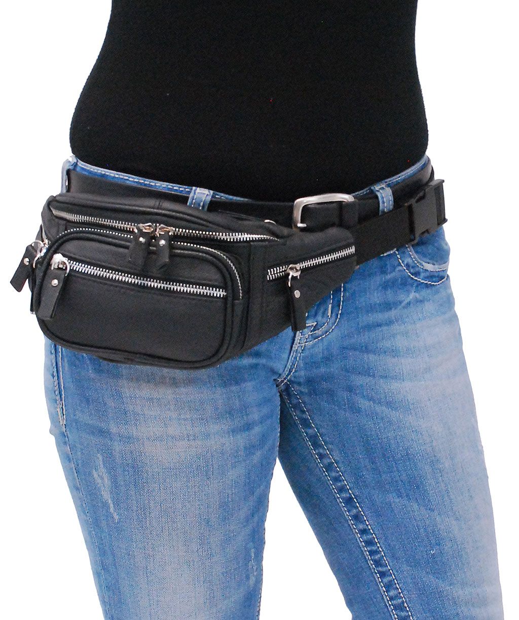 lady rider wearing a black leather fanny pack