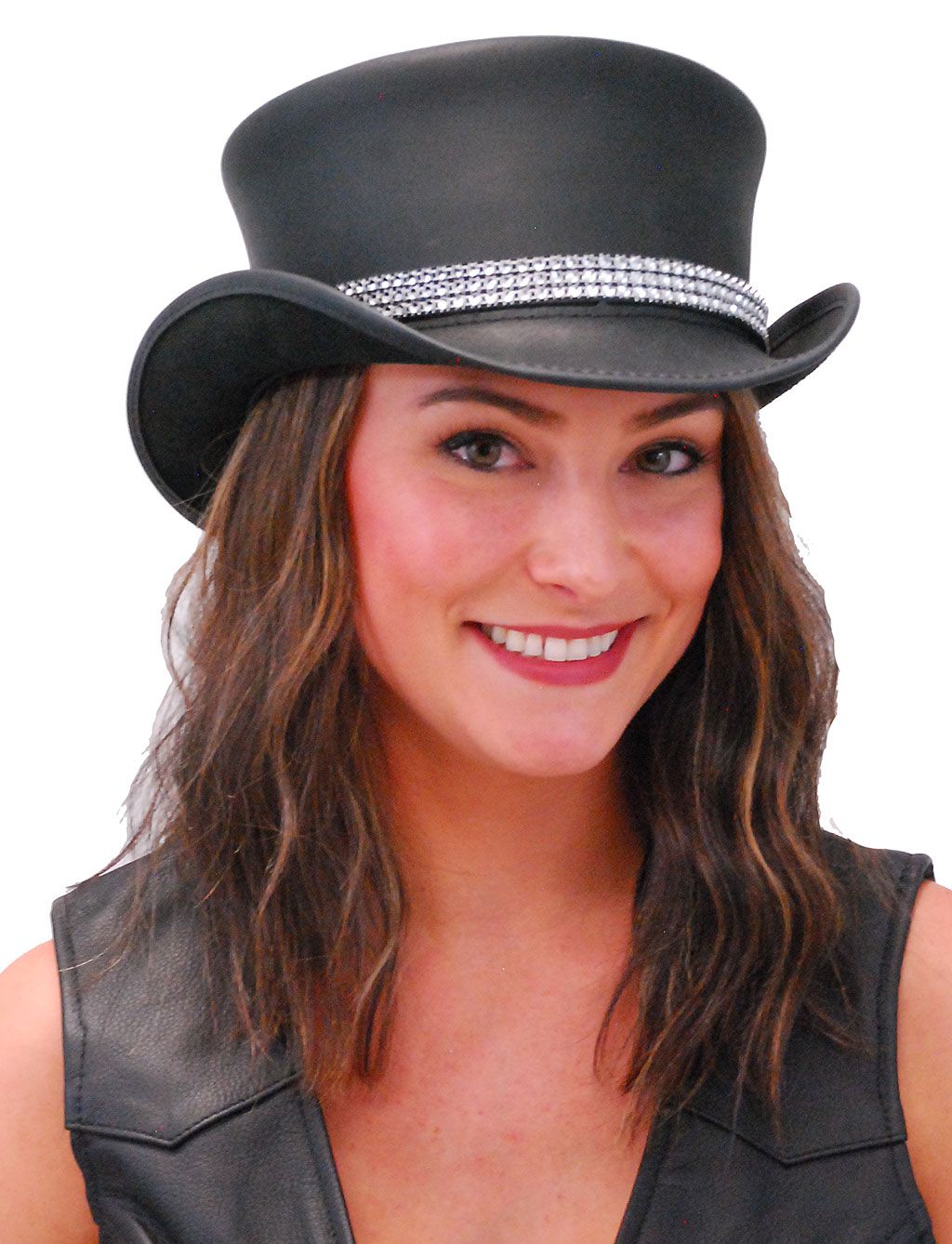 Lady rider wearing a leather top hat with bling band