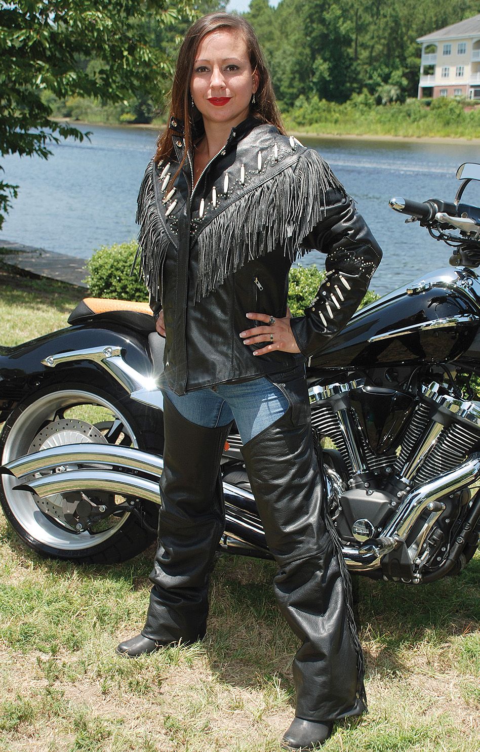 biker woman wearing a genuine leather jacket for women