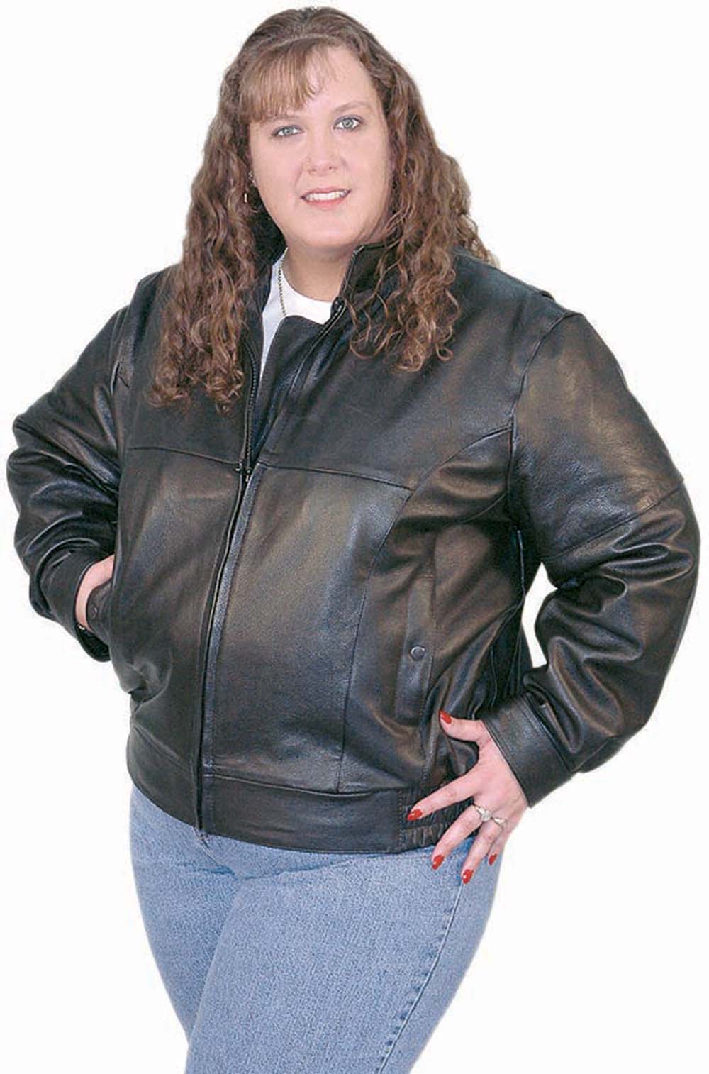 biker chick wearing a plus size leather coat