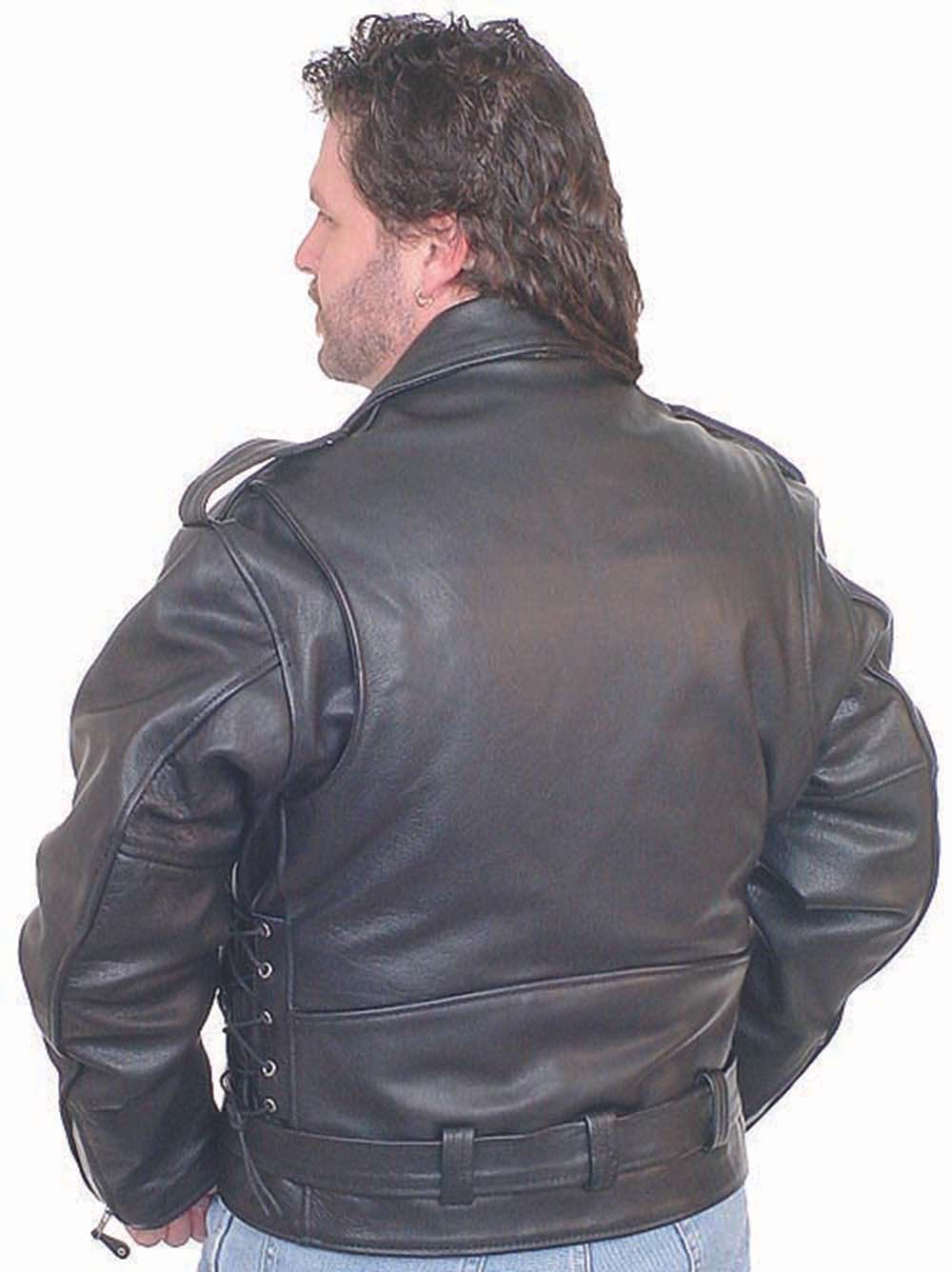 biker showing off the back of his big and tall leather coat