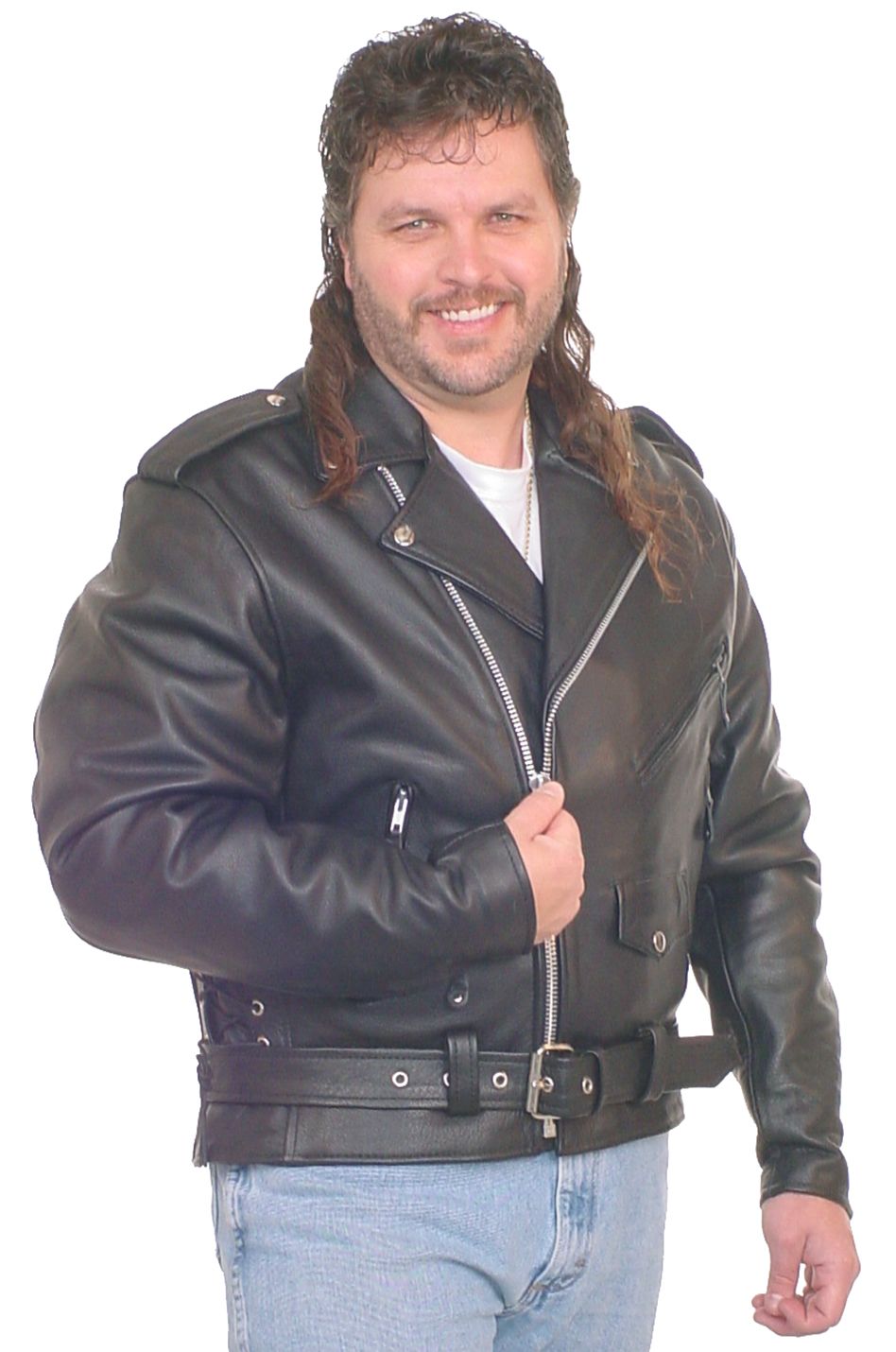 biker wearing a big and tall classic leather jacket with lapels