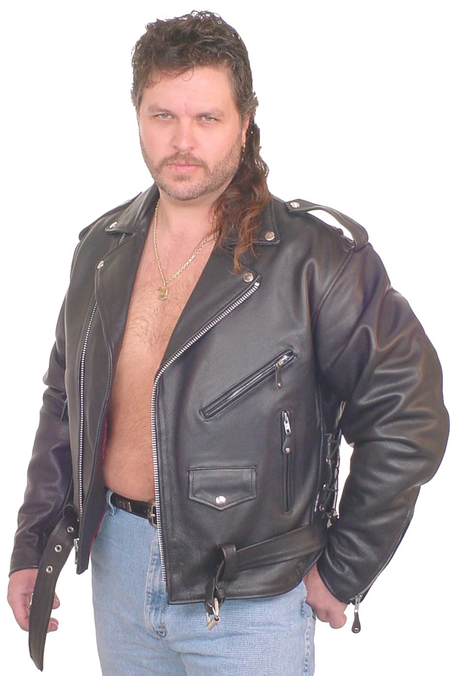 biker wearing a big size classic leather jacket