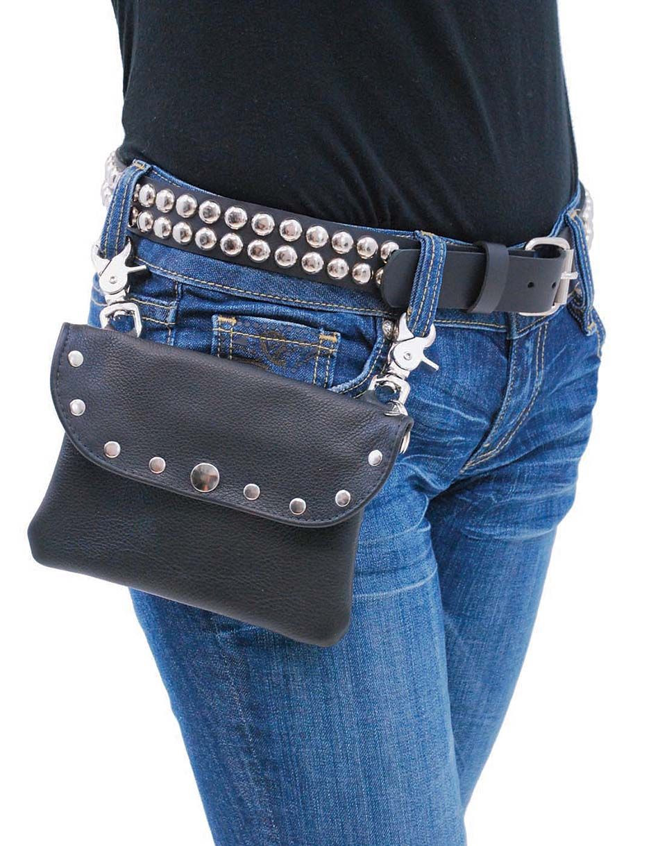 biker wearing black leather clip pouch with studs