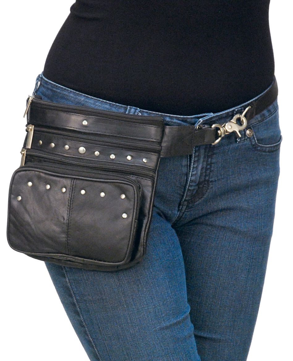 lady rider wearing a leather clip pouch with studs