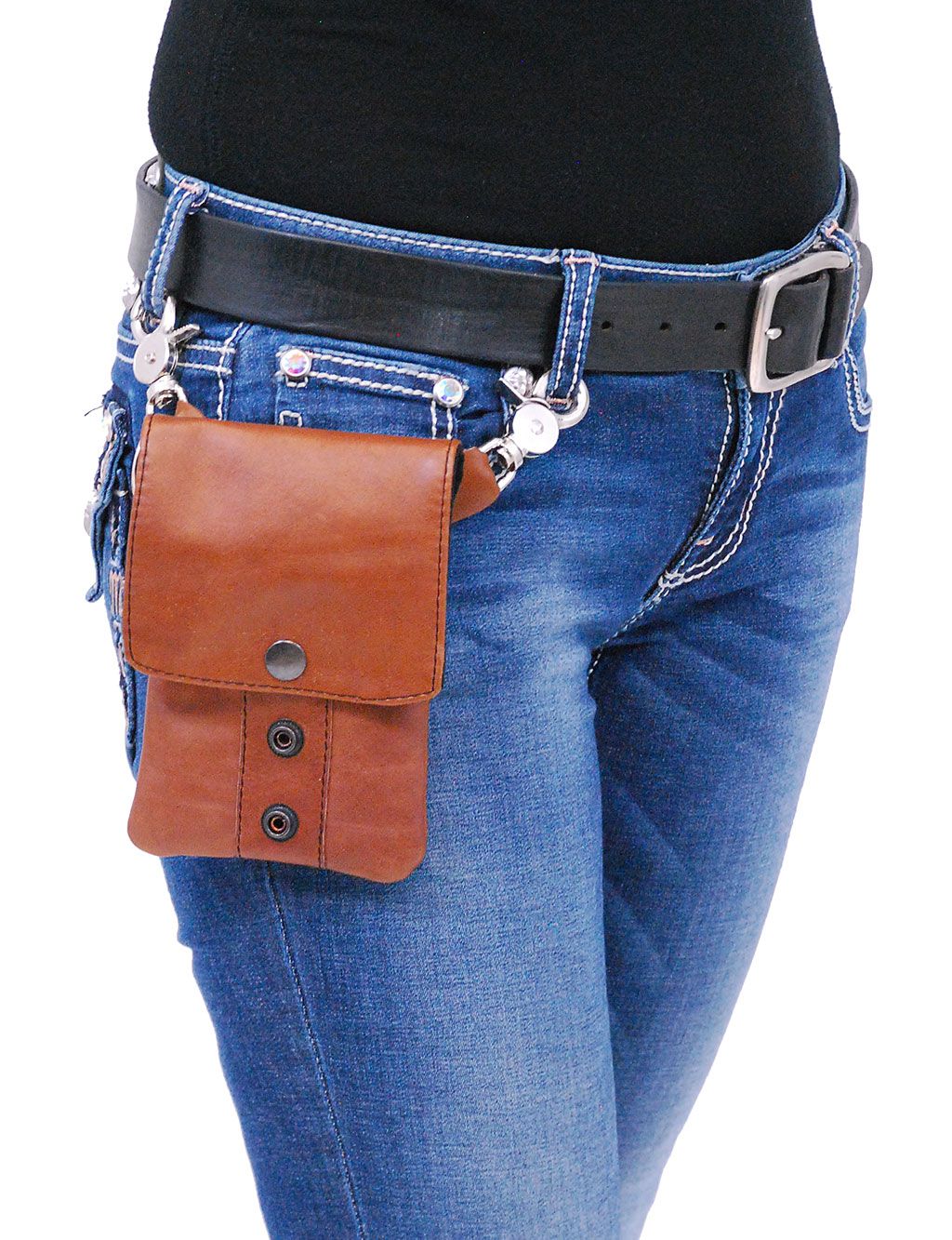 biker wearing a brown leather cell phone case