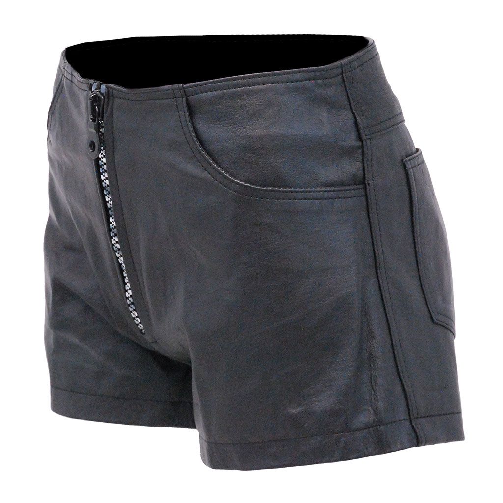 black leather short shorts with zipper front