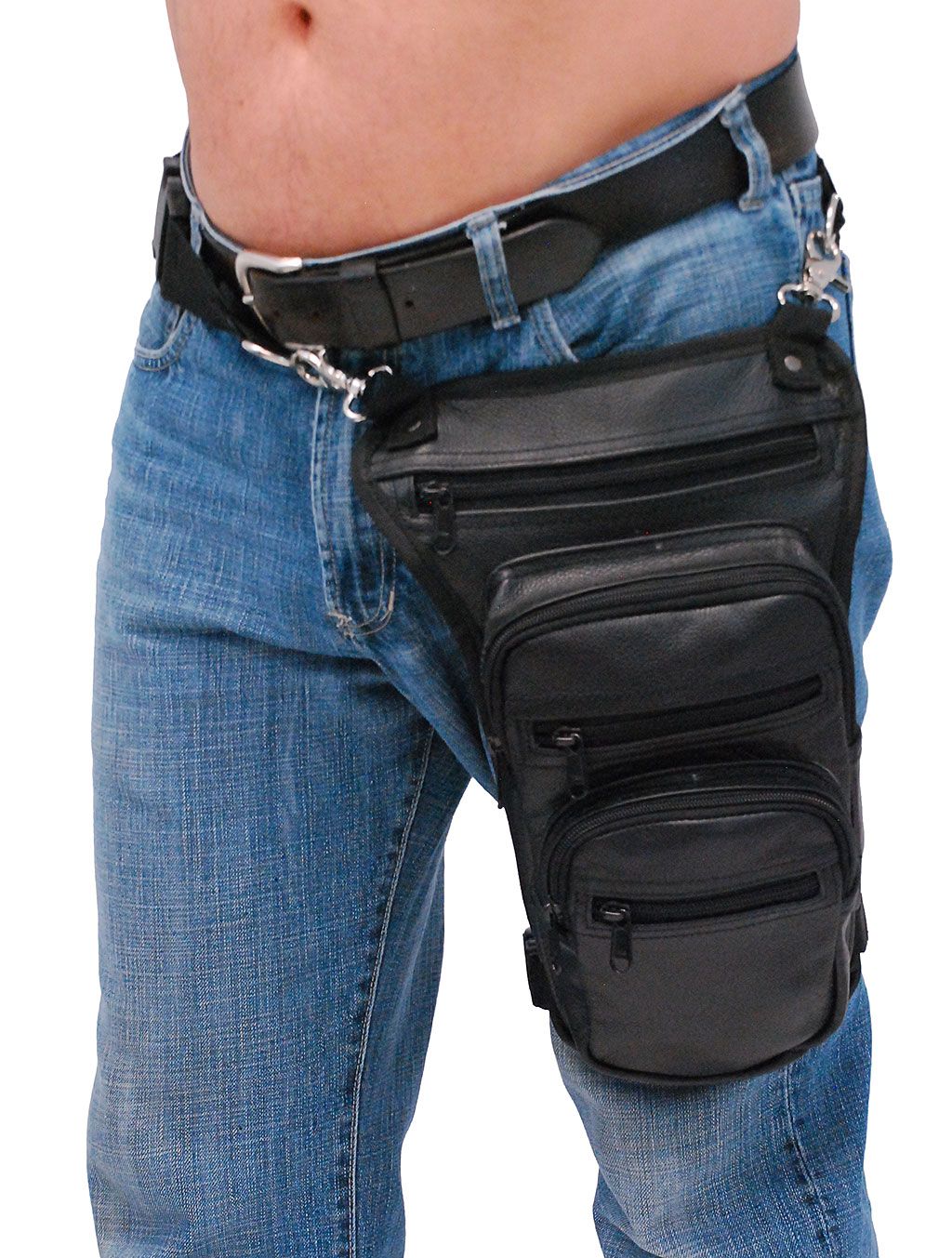 biker wearing a black leather holster clip pouch