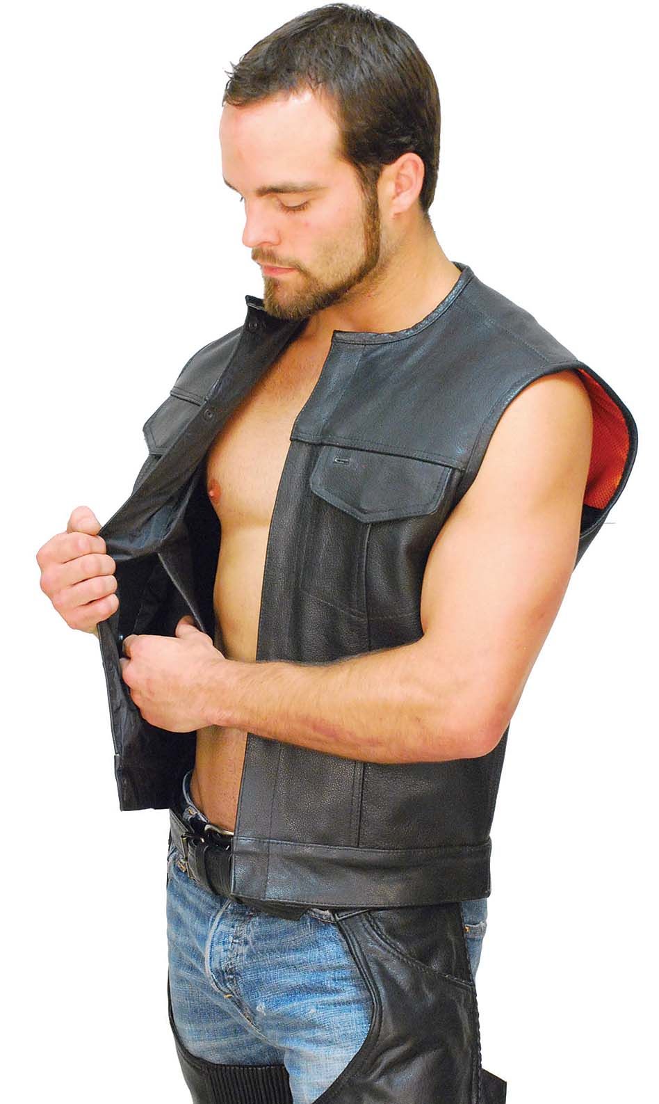 Black Leather Club Vest W/Dual CCW Pockets #VM1014K