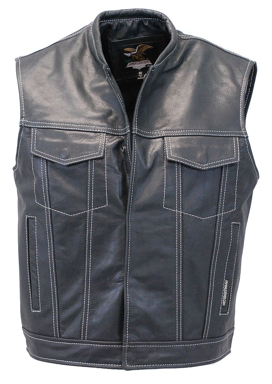 big size vest made of leather with white stitching 
