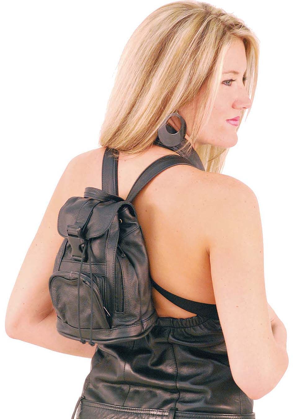 biker chick wearing a mini black leather back pack