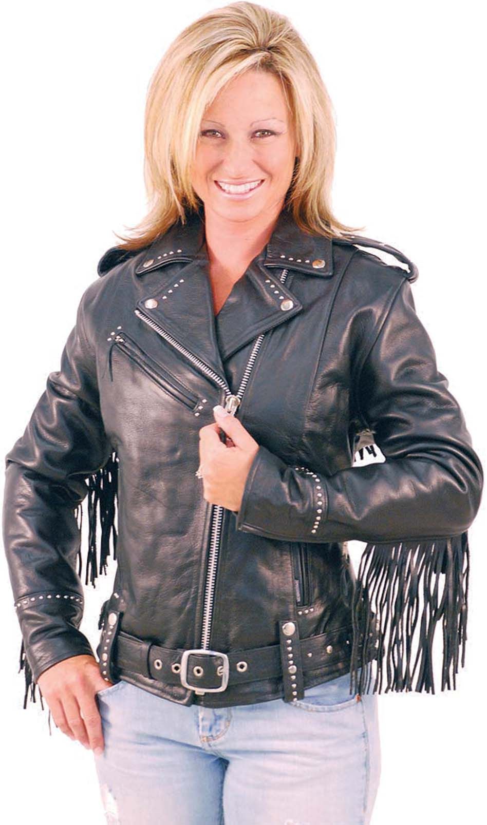 Biker wearing a classic style ladies fringe leather jacket