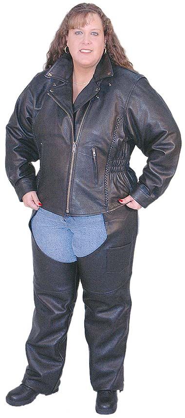 lady biker wearing a plus size classic leather jacket with cinched waist