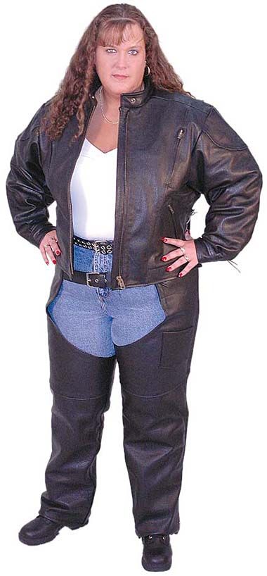 lady biker wearing a plus size black leather jacket with mandarin collar