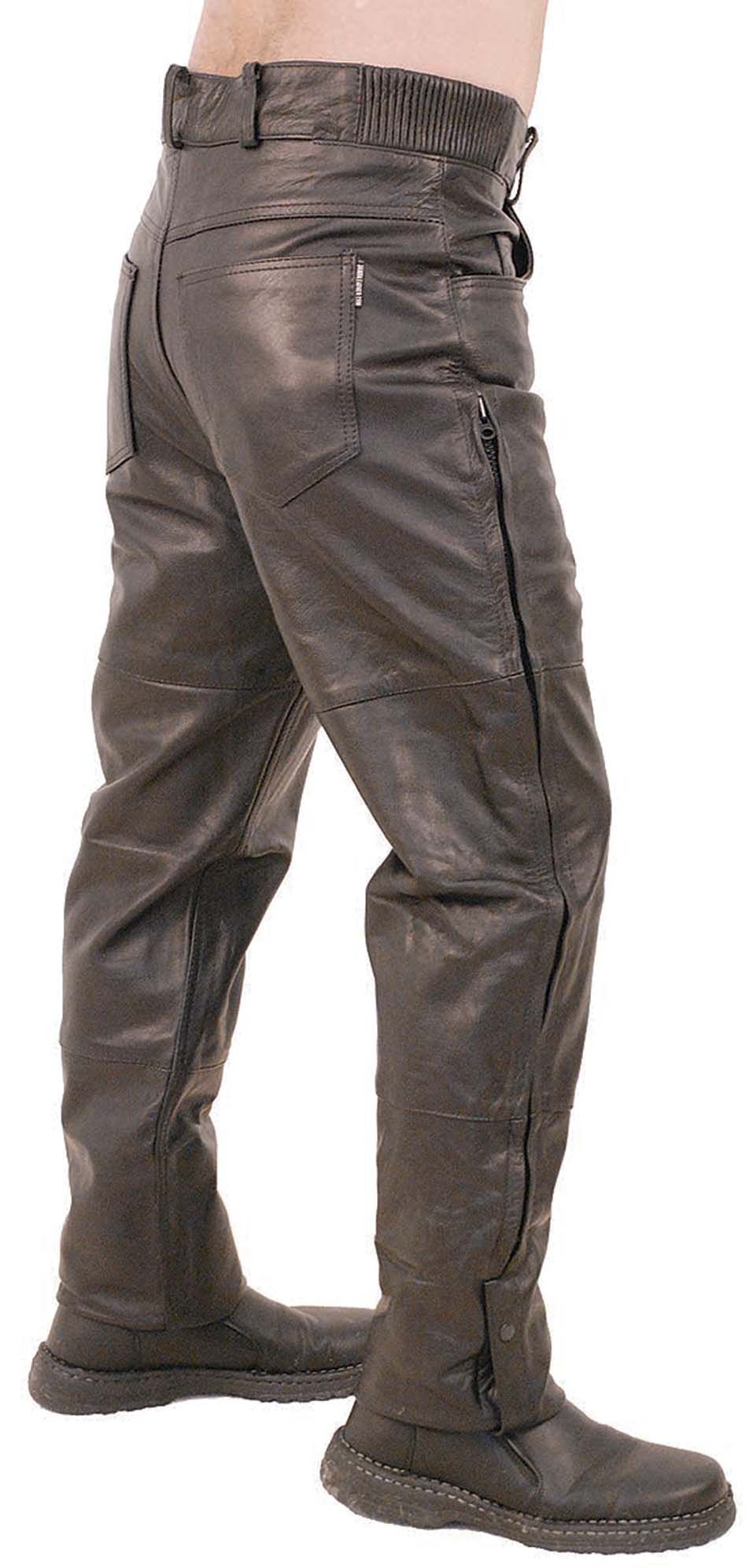 Rider wearing leather motorcycle pants with stretch sides