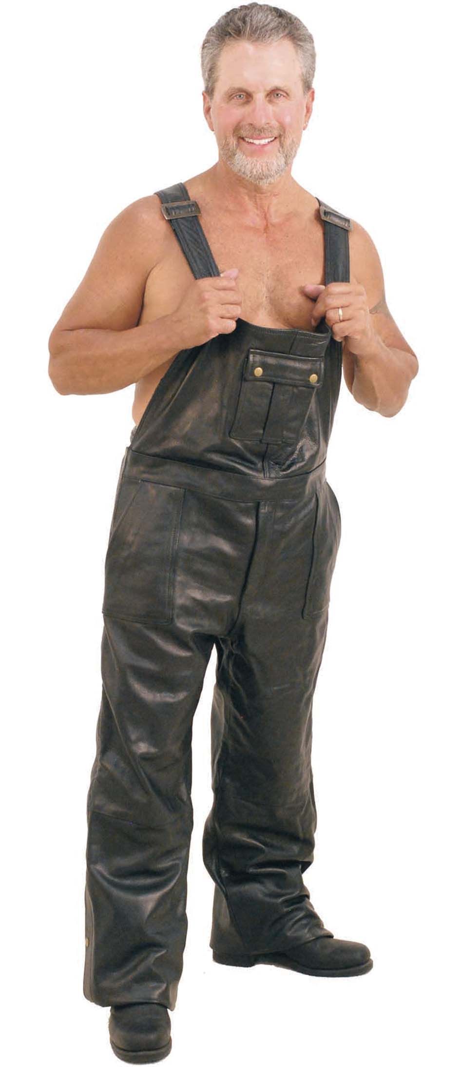 biker wearing black leather overalls with straps and button pocket