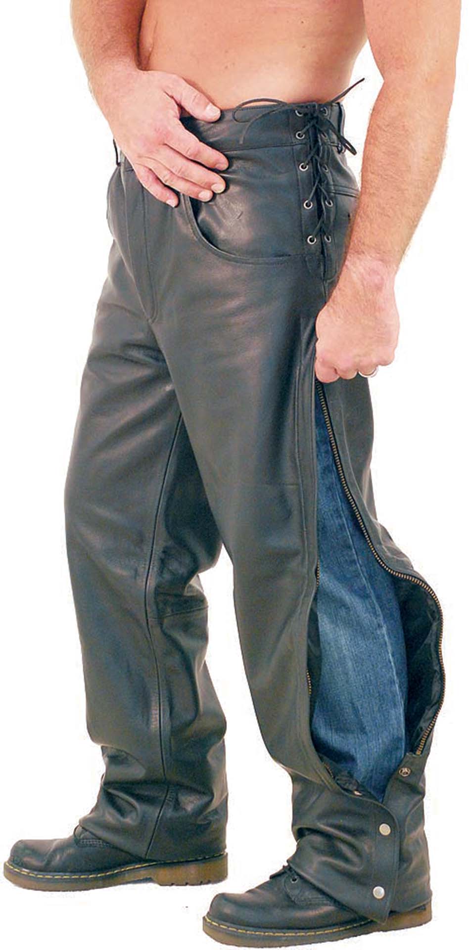 Biker wearing motorcycle overpants with zip sides and lacing