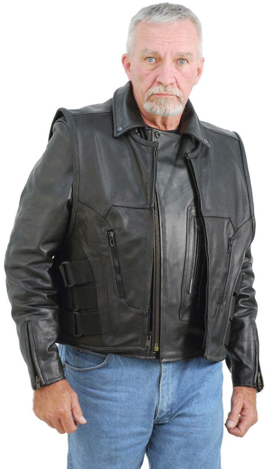 biker wearing a big and tall vest with stretch sides 