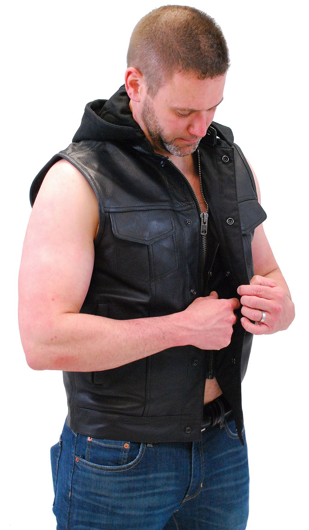Men's Hooded Black Leather Club Vest W/Dual CCW Pockets #VM1820GHK