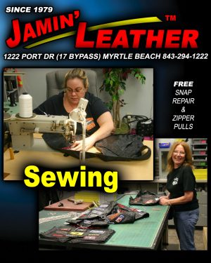 SEWING PATCHES DURING BIKE WEEK AT JAMIN LEATHER