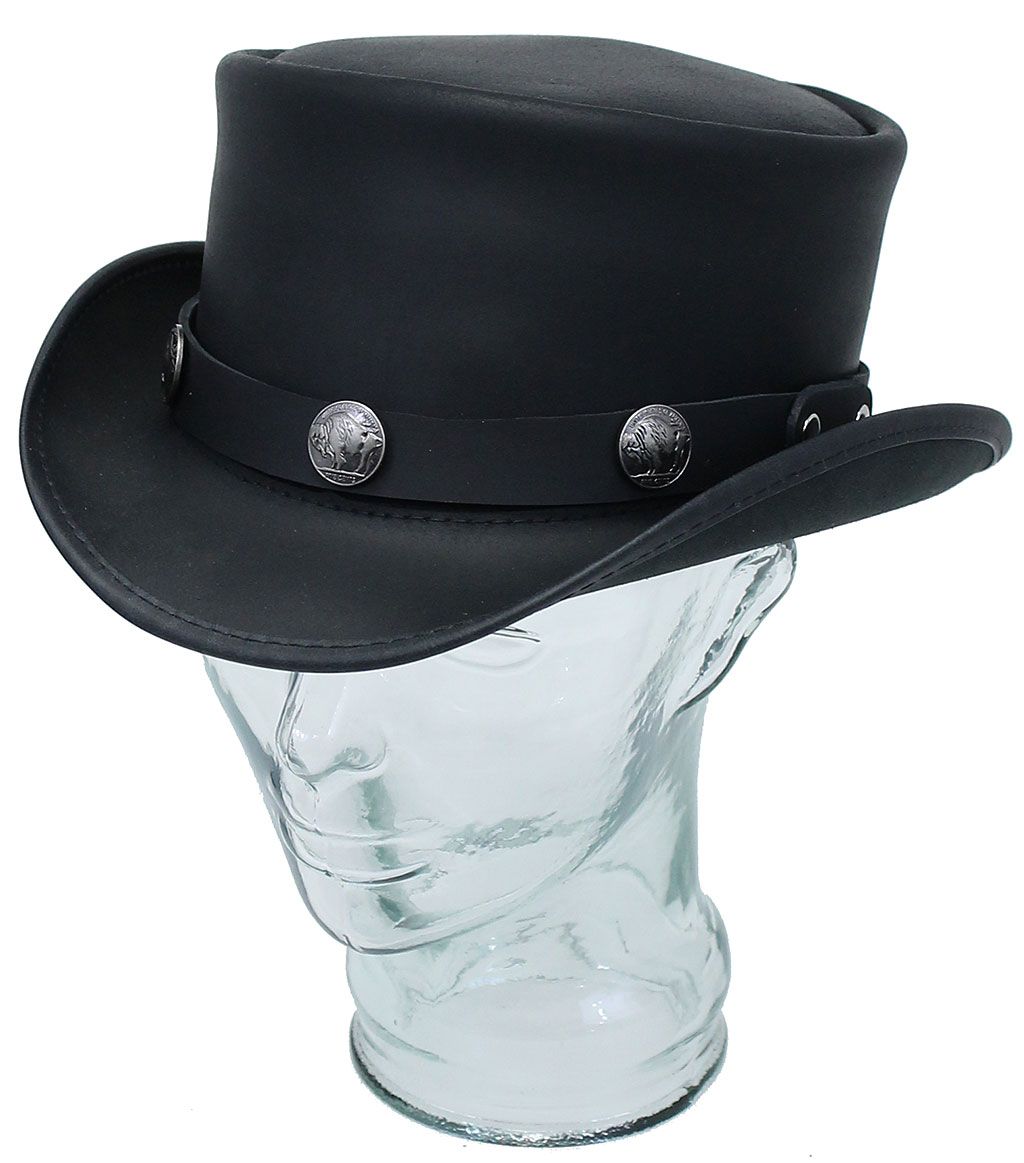 This biker / steampunk black leather tophat comes with a buffalo nickel hat band.