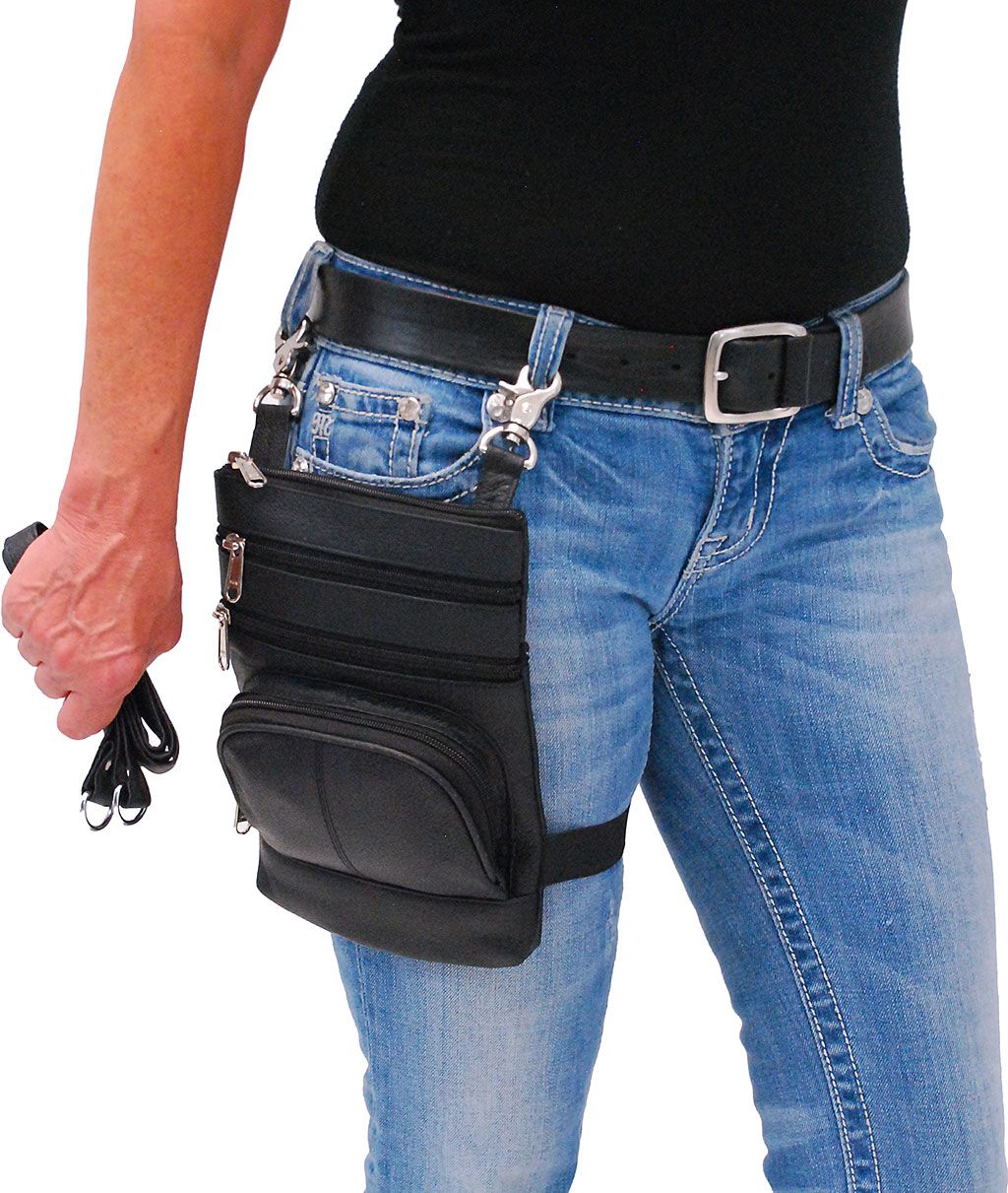 Clip-on black leather thigh bag