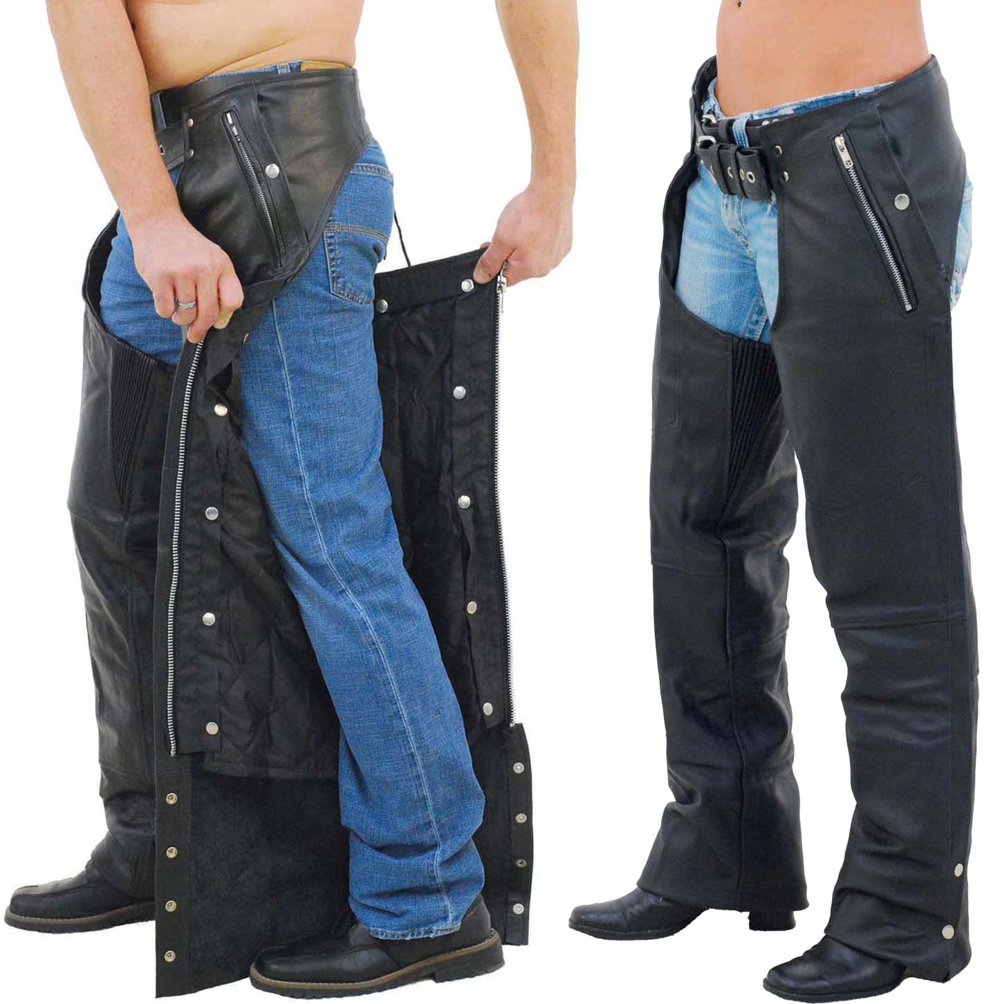 LEATHER MOTORCYCLE CHAPS WITH REMOVABLE LINING