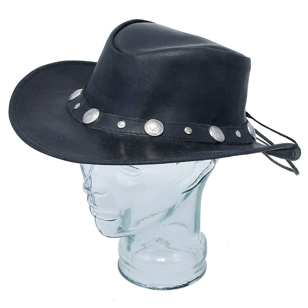 BLACK LEATHER WESTERN HAT WITH BUFFALO NICKELS