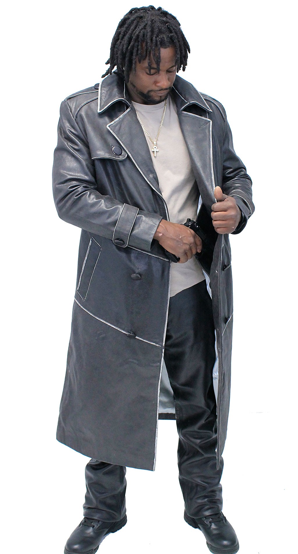 LEATHER TRENCH COAT WITH CONCEALED CARRY POCKET