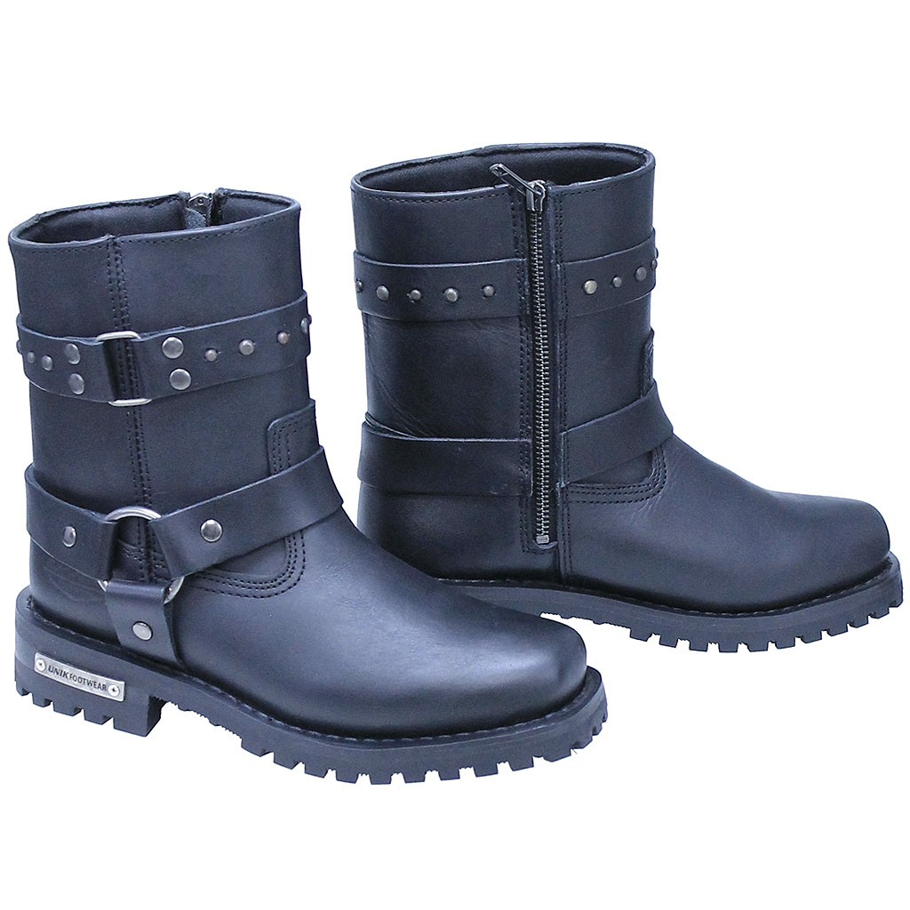 Women's studded short harness biker boots