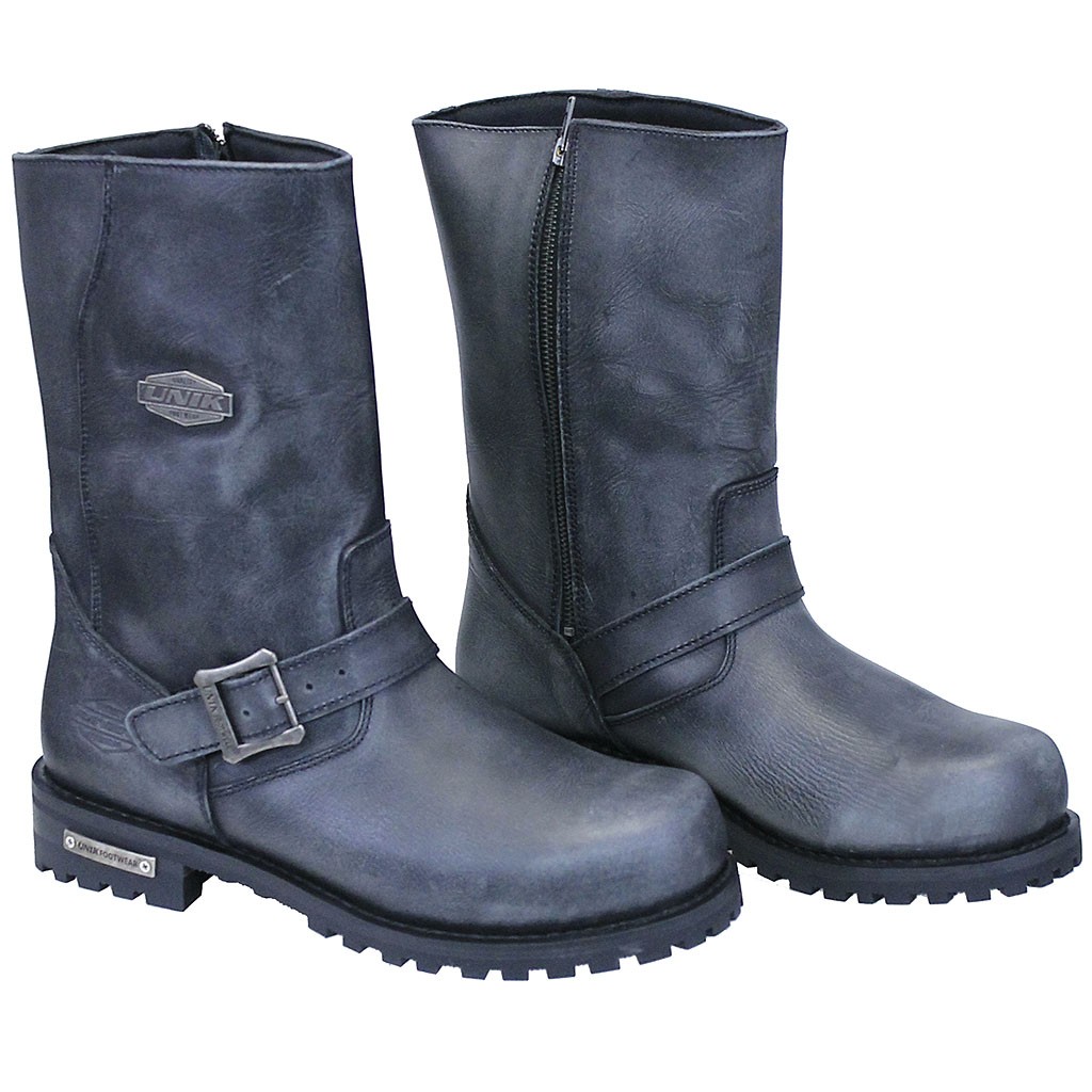 Men's gray leather engineer boots with vintage rub finish