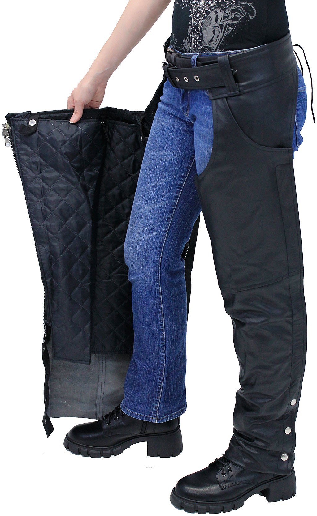 women's leather chaps with pants pockets and removable liners