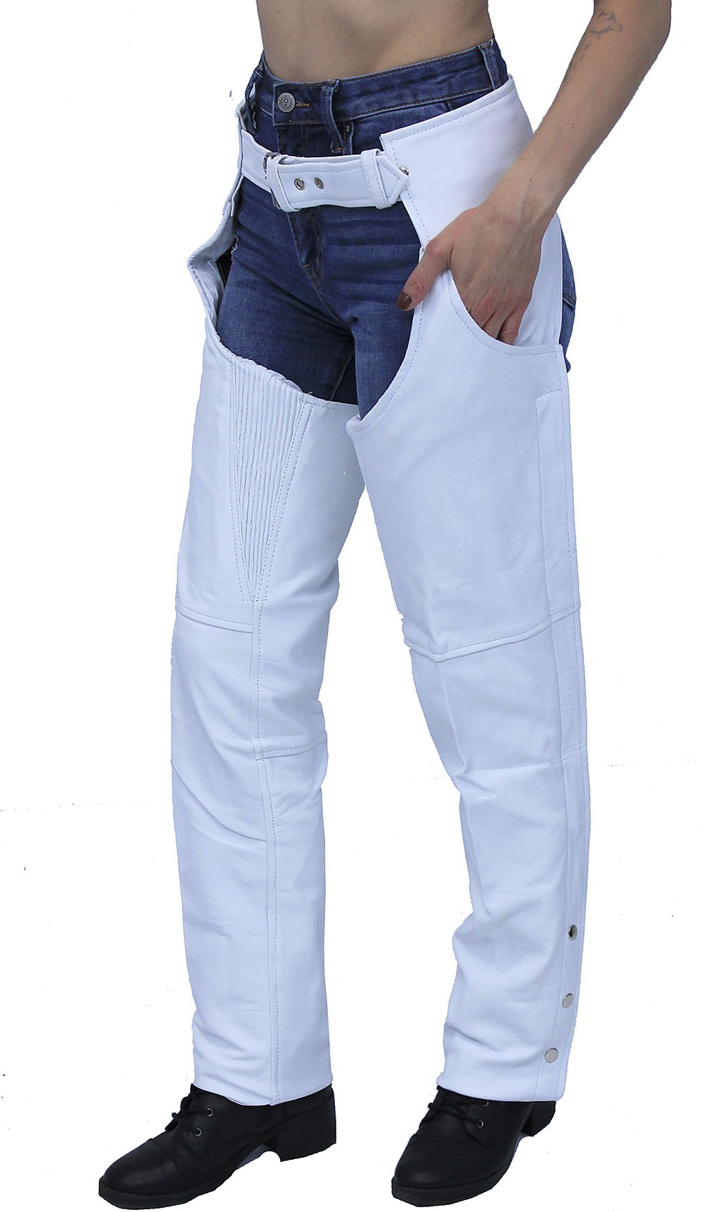 white leather chaps with pants pocket and stretch thigh