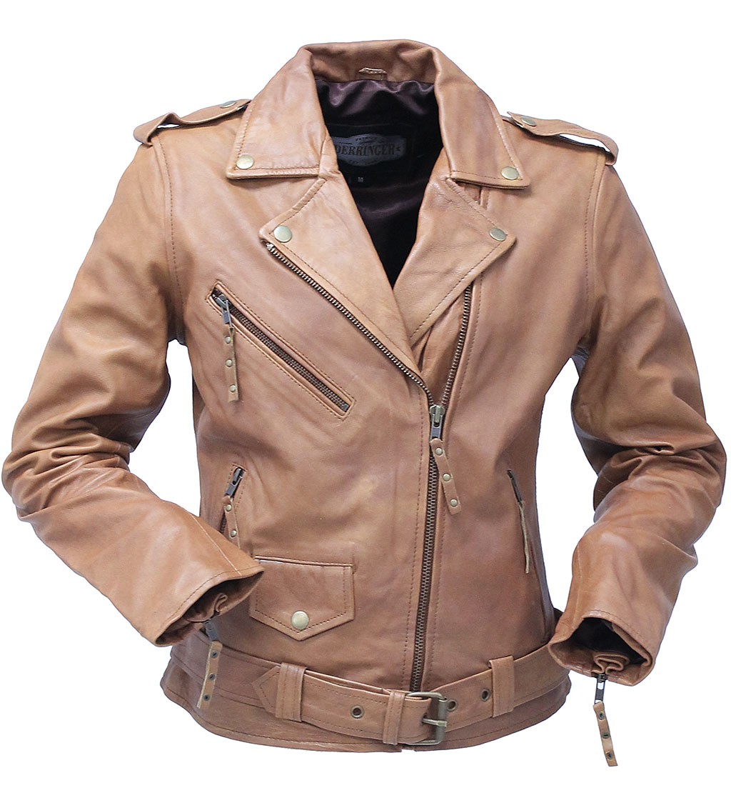 Women's brown leather motorcycle jacket<br />
