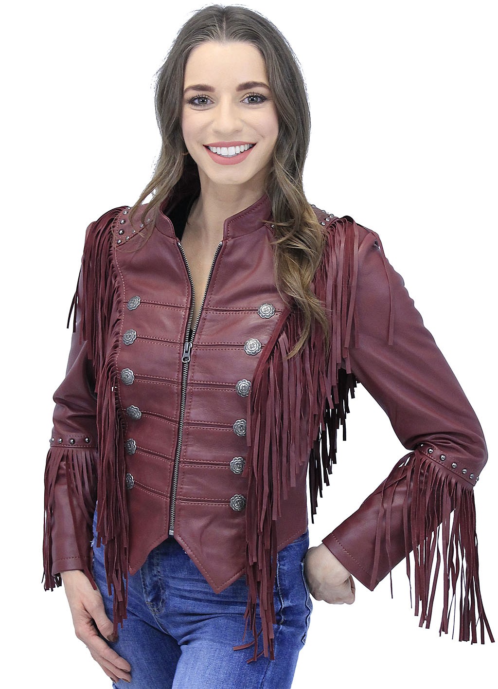 women's red leather jacket with fringe