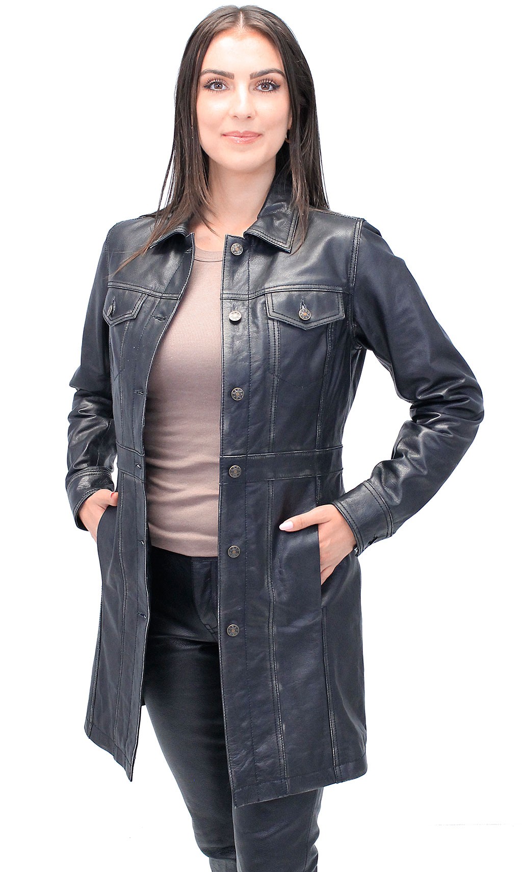 ladies long leather coat with a vintage rub finish