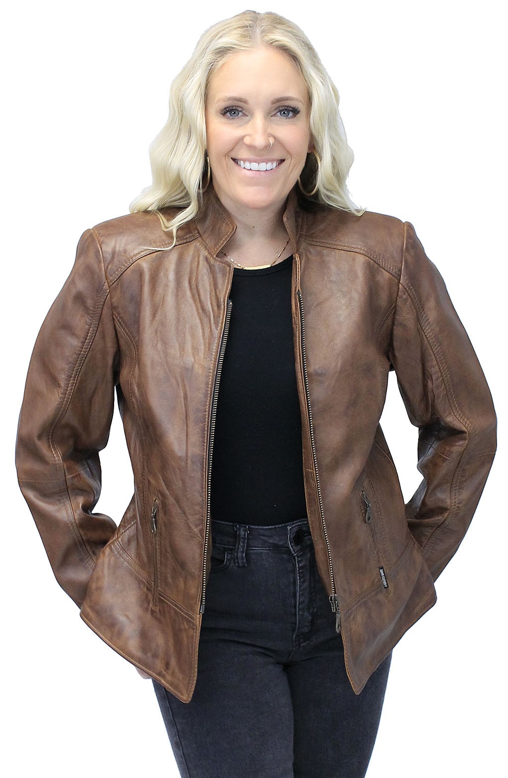 women's brown leather coat