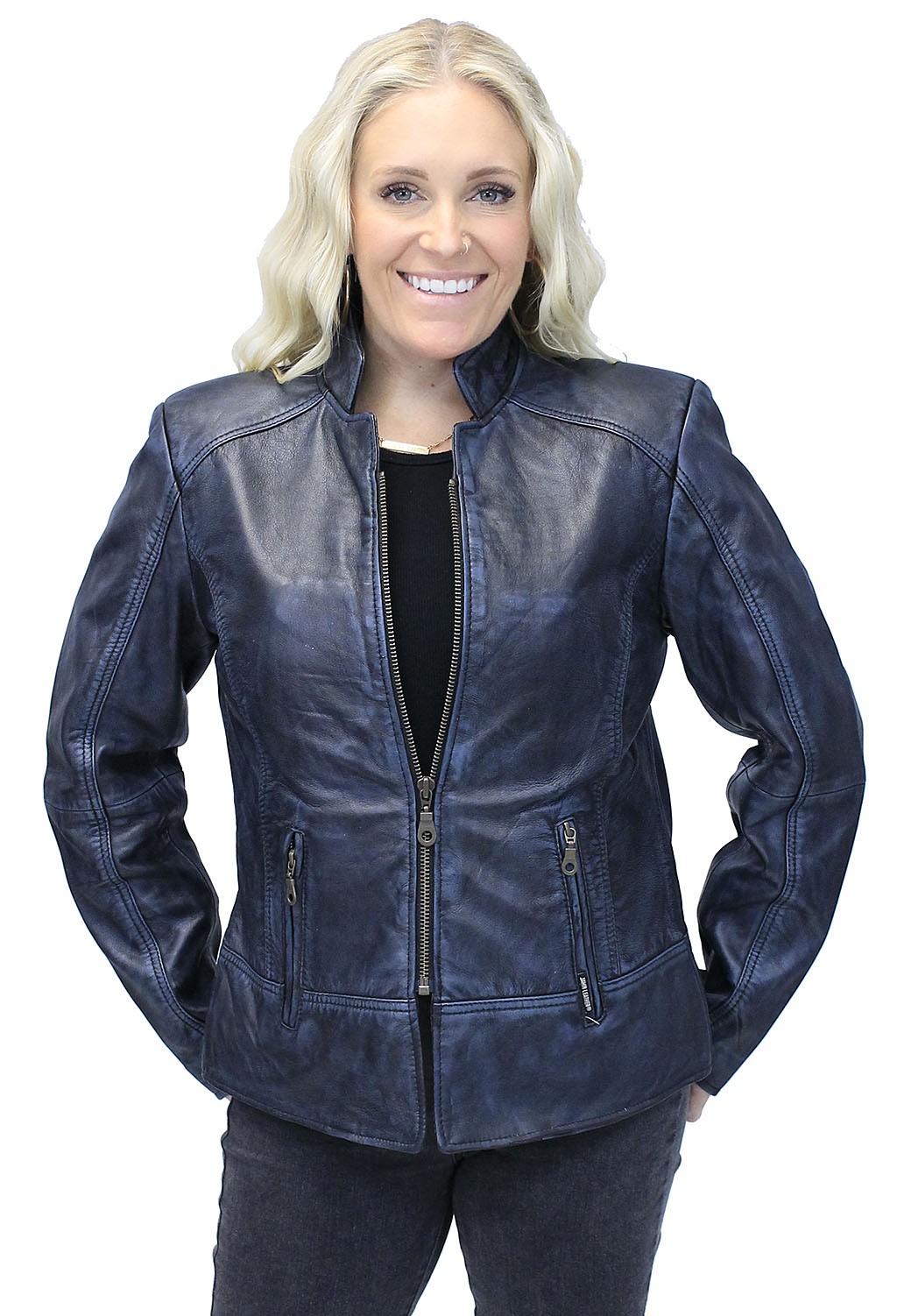 Women's blue leather jacket with an antique finish