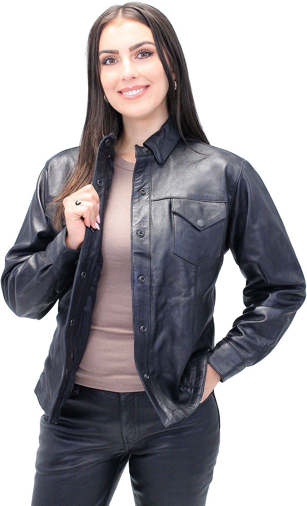 women's black leather shirt