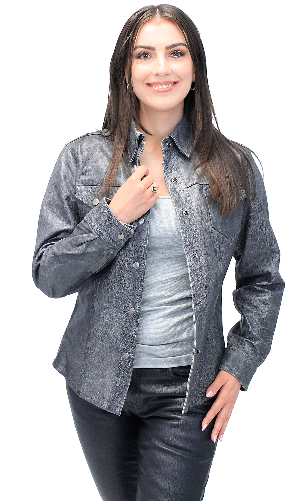 Women's gray leather shirt, aka lightweight leather jacket