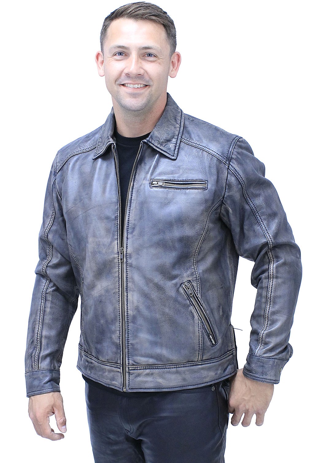 men's gray leather jacket with vintage gray rub