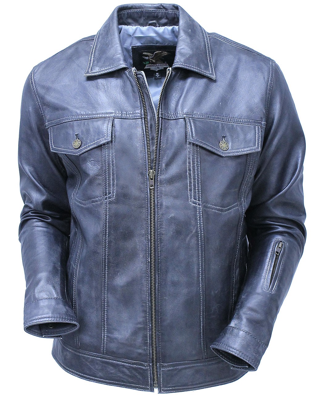 men's gray leather jean jacket 