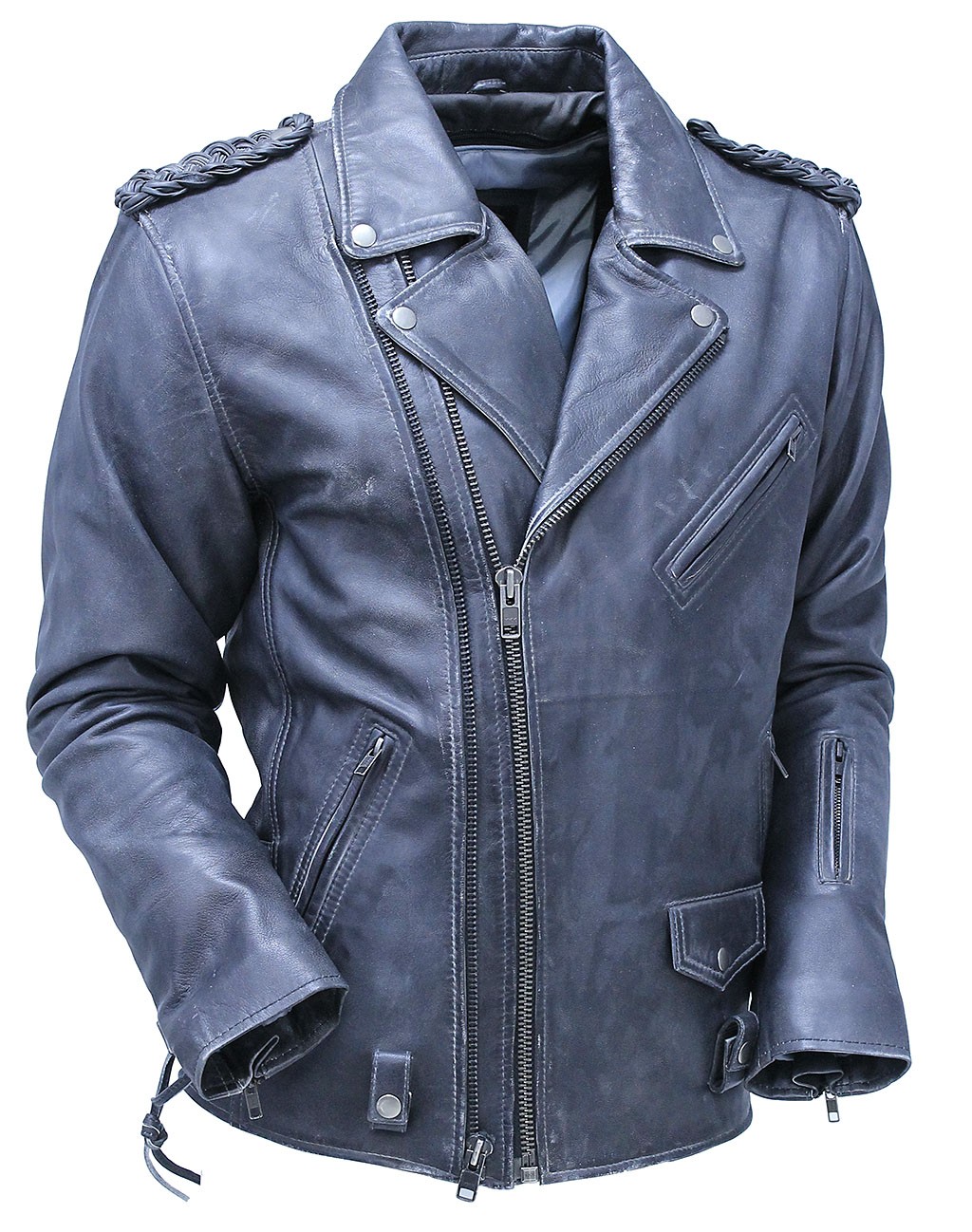 Men's gray leather motorcycle jacket