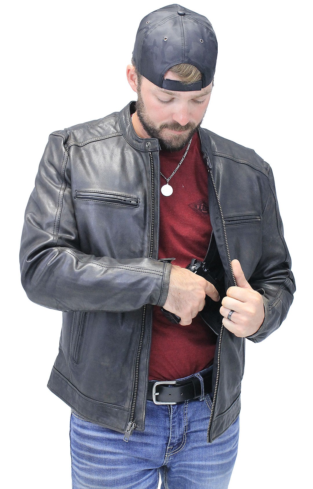 men's leather jacket with concealed pockets