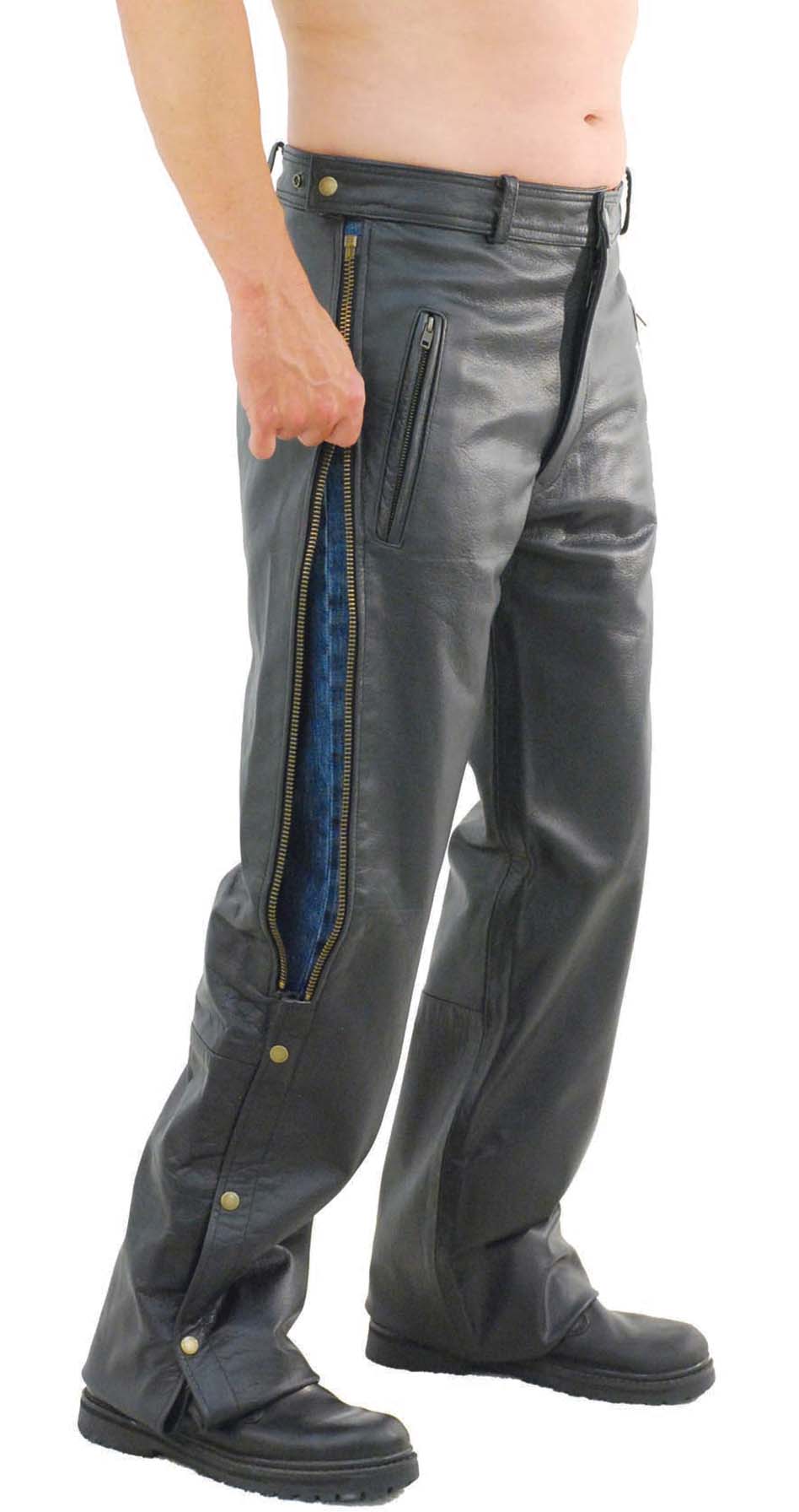 men's leather overpants with side zippers